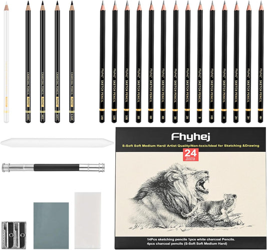 24 Piece Sketch Pencil Set, Graphite Charcoal for Shading Beginners | Graphite Pencils 14B-4H, Charcoal Pencils, White Charcoal, Art Supplies, Shading, Drawing, Sketching, Beginners & Artists