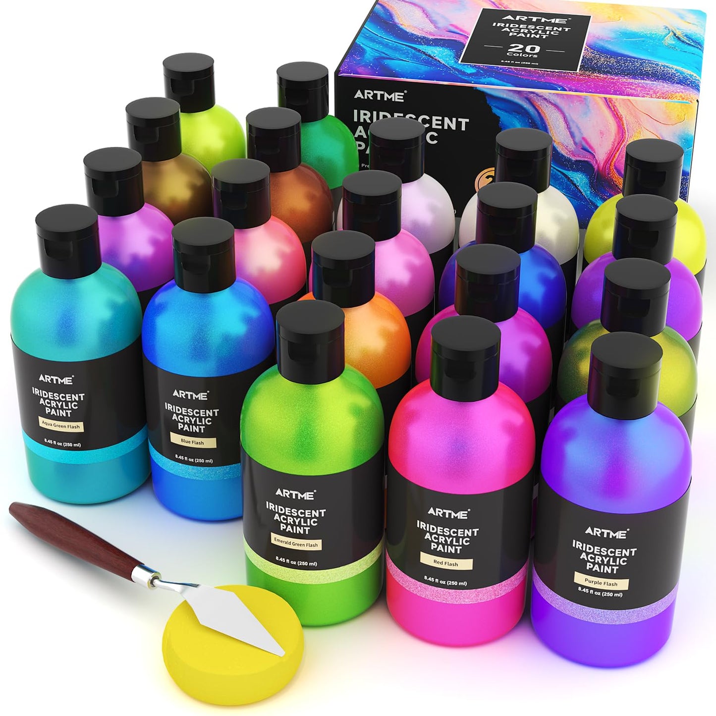 Artme Iridescent Acrylic Paint Set, 20 Chameleon Colors in 2 oz/60ml Bottles, Color-shifting Acrylic Paint Perfect for Artists, Beginners on Canvas, Rocks, Wood, Fabric, Ceramic