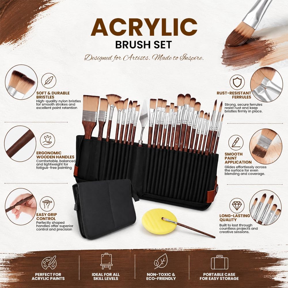 Simpson Sellers 26PCS Paint Brush Set with Palette Knife, Professional Acrylic Oil Watercolor Painting Kit, Flat Filbert Fan Round Detail Tools, Travel Canvas Case for Artists,Face Painting