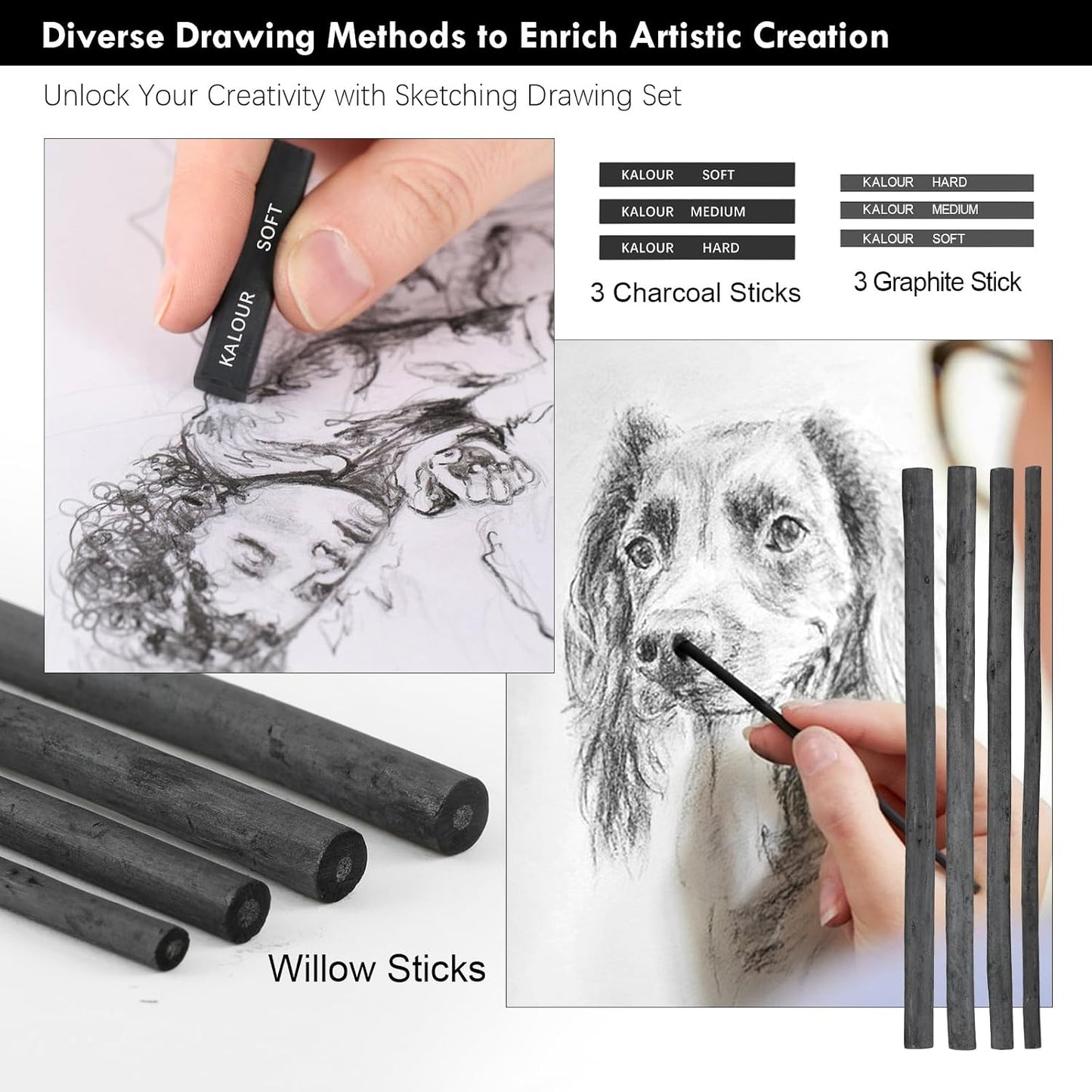 KALOUR PDAS 39pcs Drawing Pencil Set, Professional Sketching Kit with Graphite, Charcoal & Sketch Pencils for Drawing, Complete Drawing Kit for Artists & Beginners