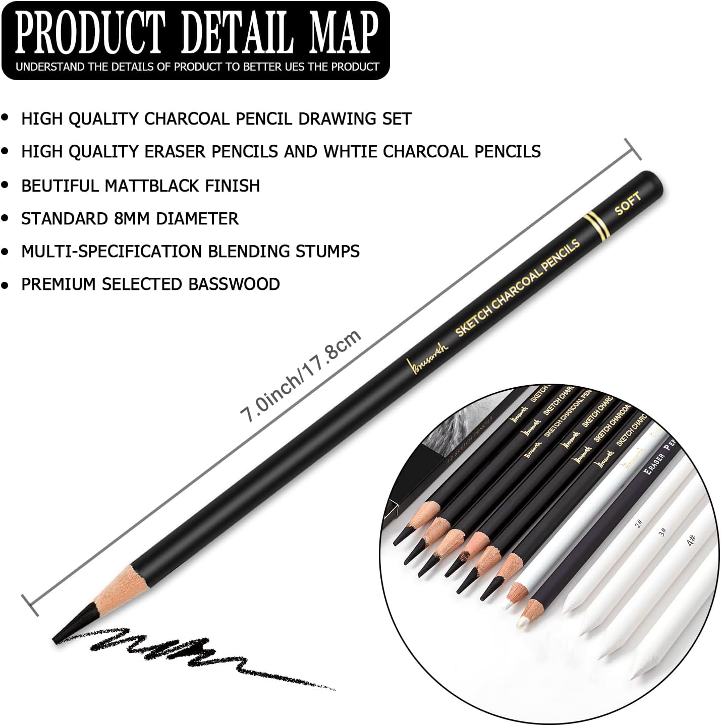Brusarth Charcoal Drawing Set -12 pc Black charcoal pencils, White Charcoal Pencils, Eraser Pencils, Blending Stumps for Drawing, Sketching, Shading, Artist Pencils for Beginners & Artists