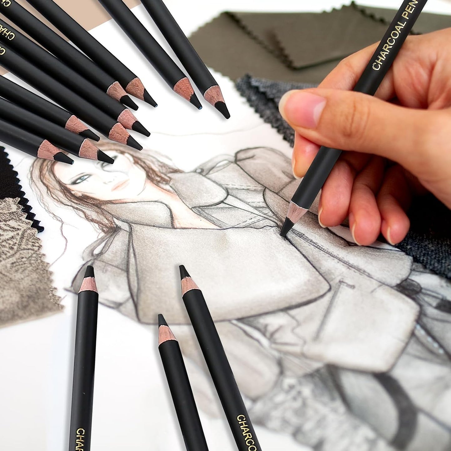 PANDAFLY Charcoal Pencils Set, 12 Pack (Super Soft, Soft, Medium & Hard) | Professional Black Charcoal Pencils for Drawing Sketching Shading, Charcoal Drawing Set for Beginners & Pro Artists