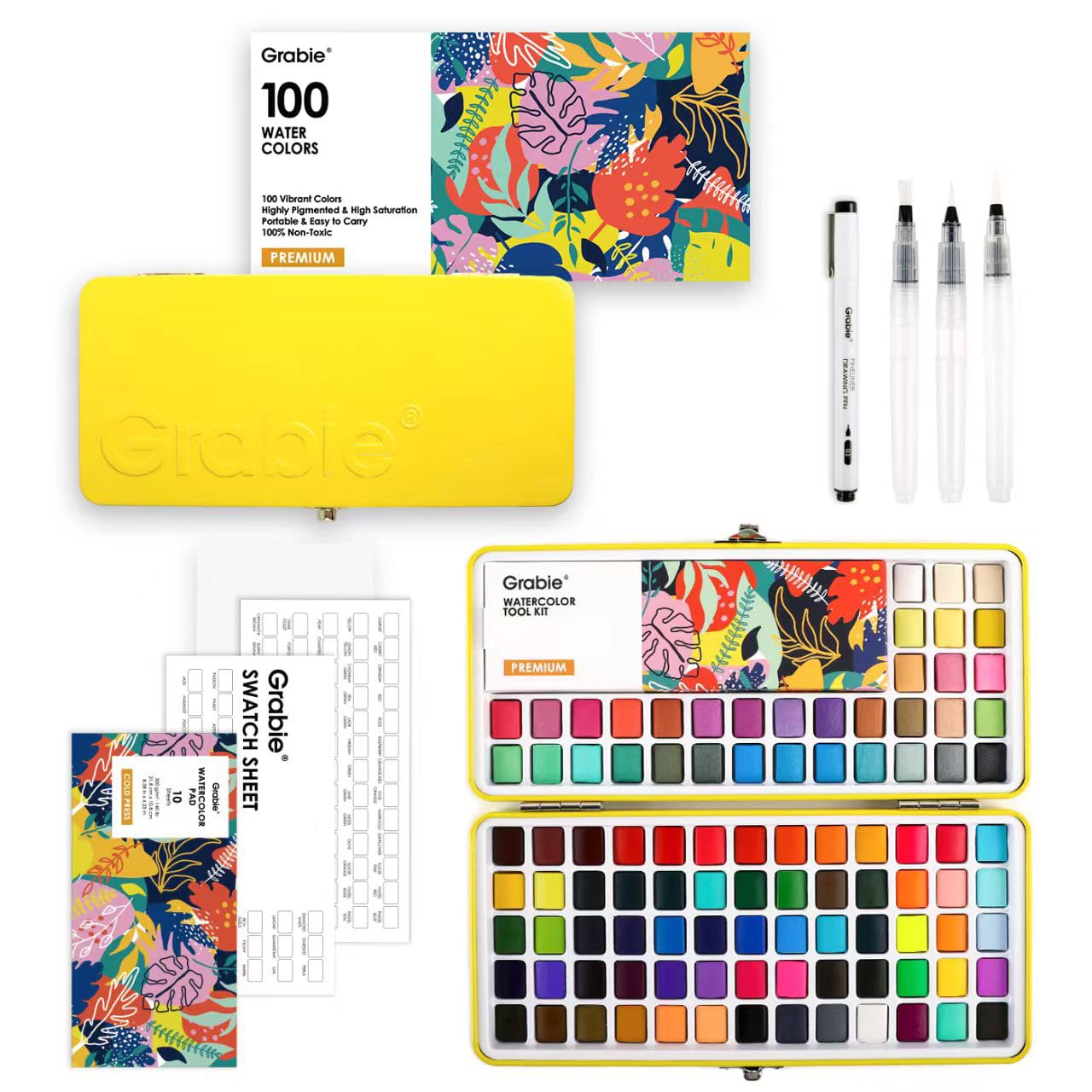 Grabie 50 Color Watercolor Paint Set with Detail Paint Brushes | High Pigment Paints, Blendable Colors, Portable Travel Case, Painting, Sketching, Illustration, Beginner And Hobby Artists
