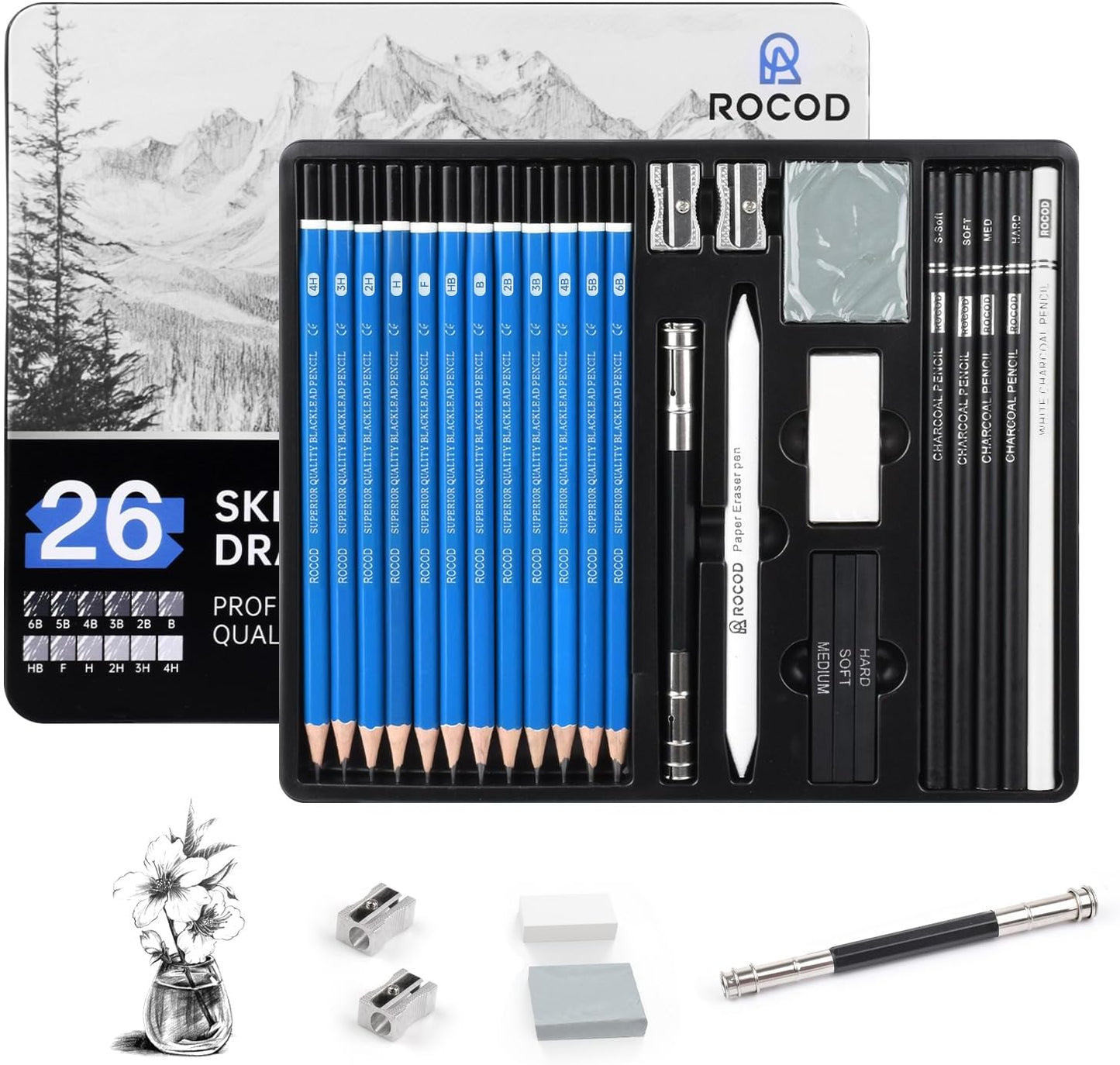 Sketch Pencils for Kids and Adults Drawing, 26-Piece Profession Sketching Pencils, Drawing Pencil for Artists Beginner Sketching, Art Graphite Pencil 6B to 4H
