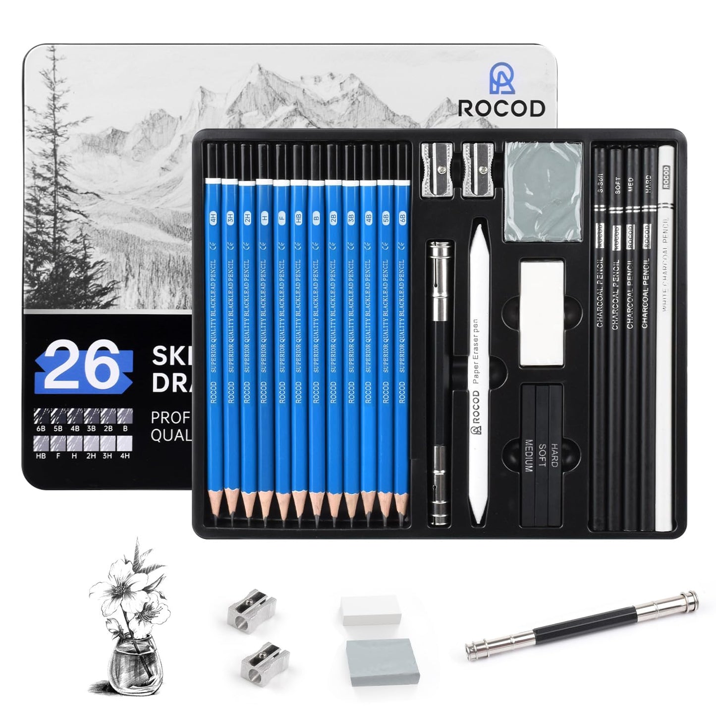 Sketch Pencils for Kids and Adults Drawing, 26-Piece Profession Sketching Pencils, Drawing Pencil for Artists Beginner Sketching, Art Graphite Pencil 6B to 4H