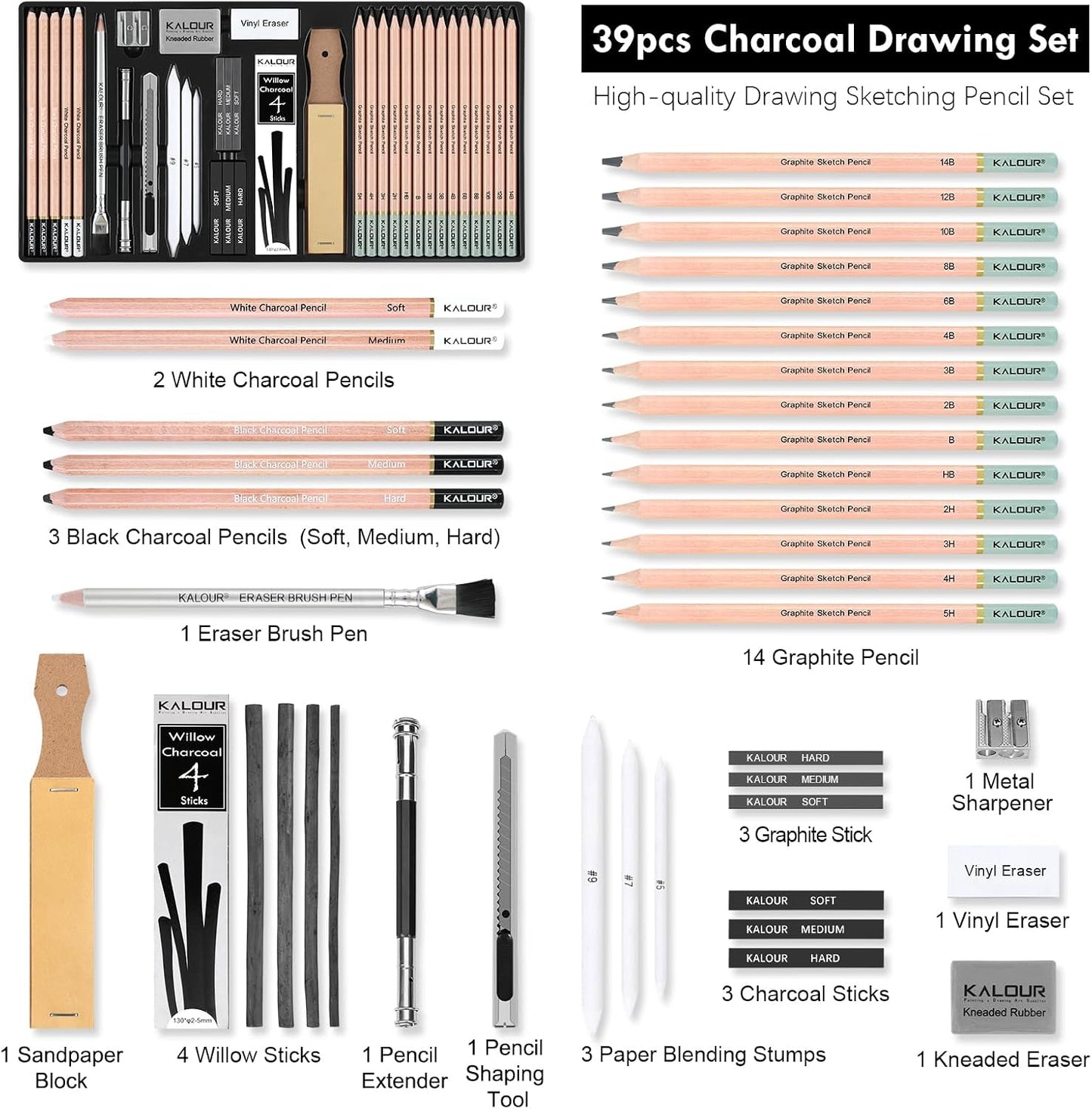 KALOUR PDAS 39pcs Drawing Pencil Set, Professional Sketching Kit with Graphite, Charcoal & Sketch Pencils for Drawing, Complete Drawing Kit for Artists & Beginners