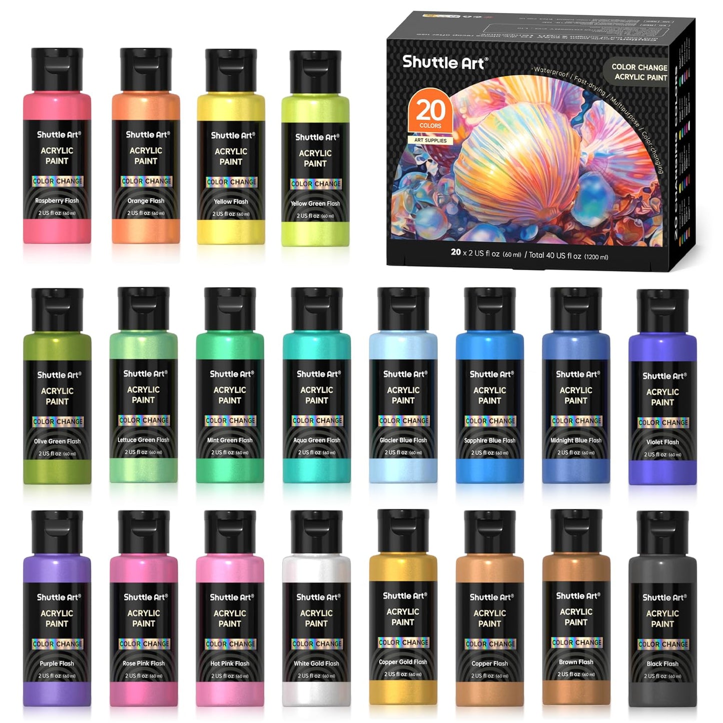 Shuttle Art Acrylic Paint, 36 Colors Acrylic Paint Set with Brushes & Palette, 2oz/60ml Bottles, Rich Pigments Non-toxic for Artists Kids & Adults, Painting on Canvas Rocks Ceramic Wood