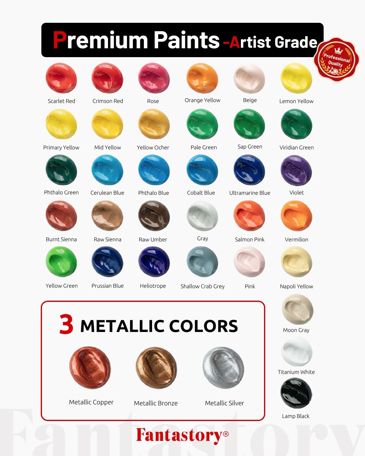 Fantastory 60ml 36 Colors Acrylic Paint Set with 12 Brushes | with 12 Brushes, Chart, Palette, Scraper, Sponge - 3 Metallic, Non-Toxic, Waterproof for Wood, Rock, Canvas, Clay, DIY, 3D