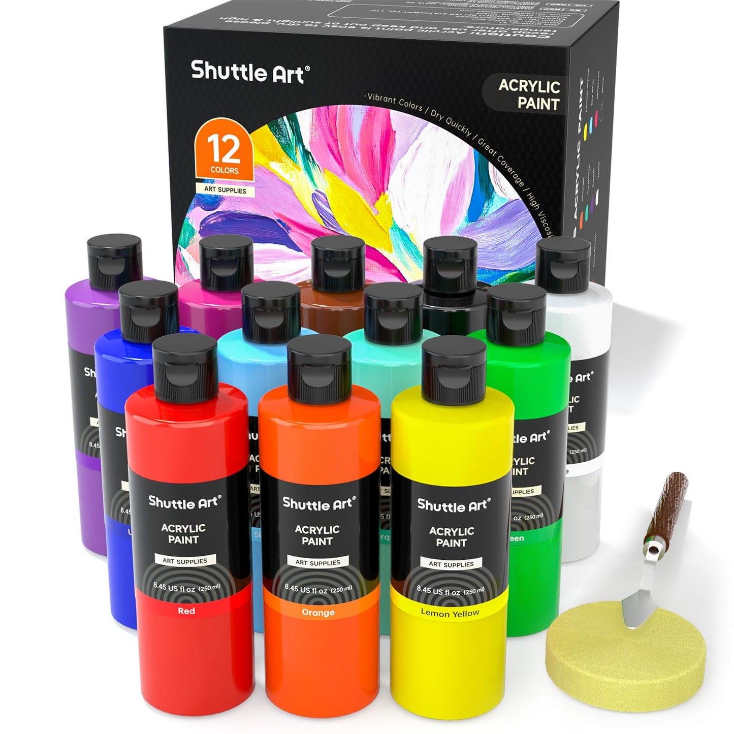 Shuttle Art 18 Colors Acrylic Paint Bottle Set (250ml/8.45oz), Rich Pigmented Bulk Painting Supplies for Artists, Beginners and Kids on Rocks Crafts Canvas Wood Ceramic