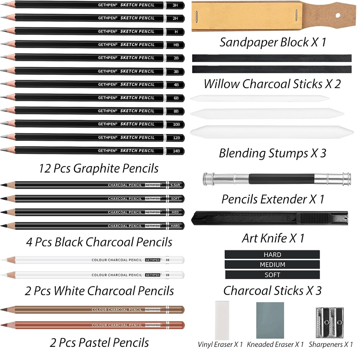 GETHPEN 34Pcs Sketch Drawing Kit, Graphite 14B-4H Charcoal Pencils Sticks | Sketch Pencil Set, (4H-14B) Pencils, Vinyl Eraser, Kneaded Eraser,Sharpener and Paper Blending Stump, Artists and Beginners