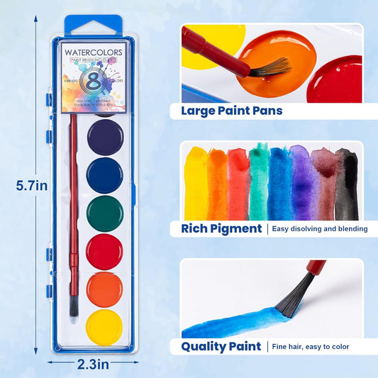 72 Pack Watercolor Paint Set Bulk,8 Colors Washable WaterColor Paint for Kids, Water Color Paint with Brushes, Ideal Gift for Party Favors, Art Supplies for School Classroom Home