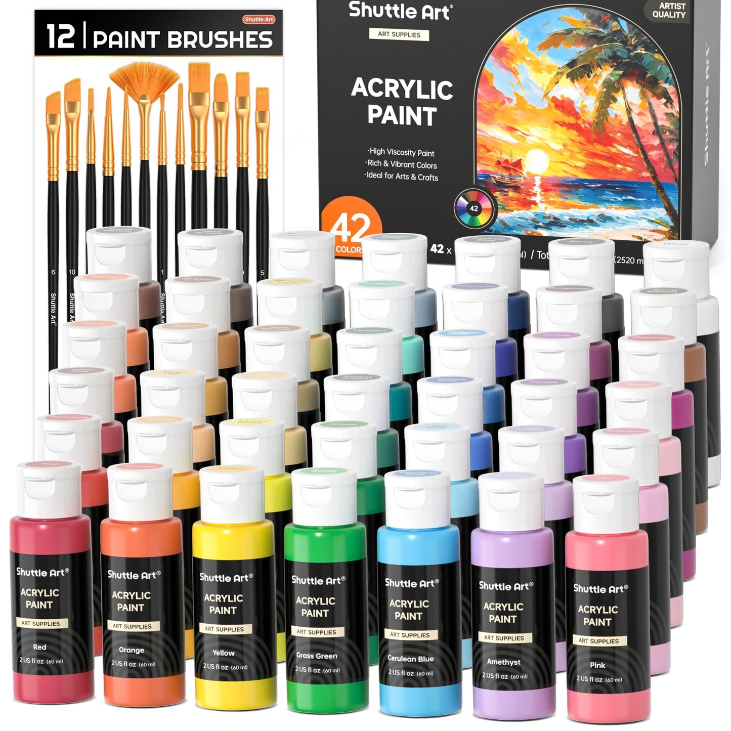Shuttle Art Acrylic Paint, 25 Colors Acrylic Paint Set, 2oz/60ml Bottles, Rich Pigments Paint for Artists, Beginners and Kids on Canvas Rocks Wood Ceramic Fabric