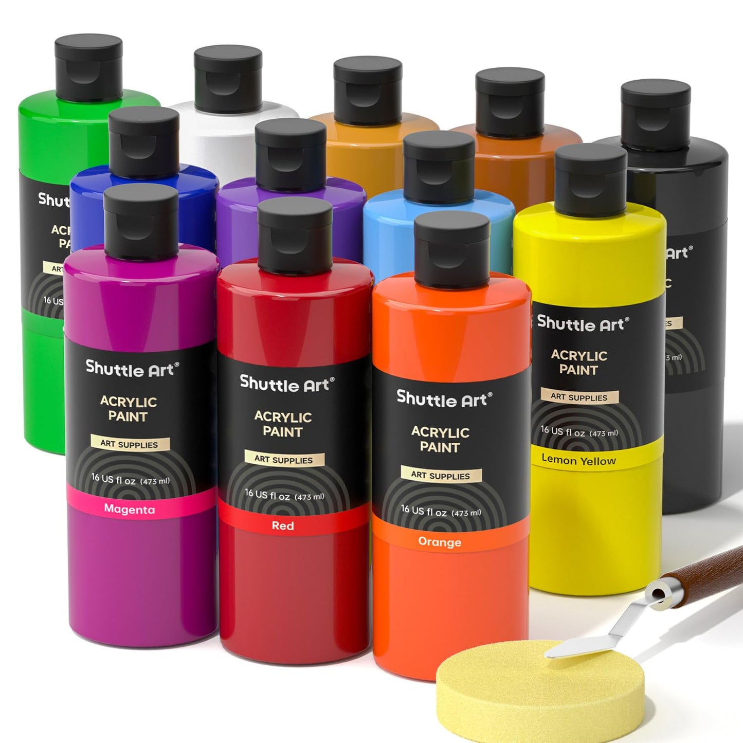 Shuttle Art 18 Colors Acrylic Paint Bottle Set (250ml/8.45oz), Rich Pigmented Bulk Painting Supplies for Artists, Beginners and Kids on Rocks Crafts Canvas Wood Ceramic