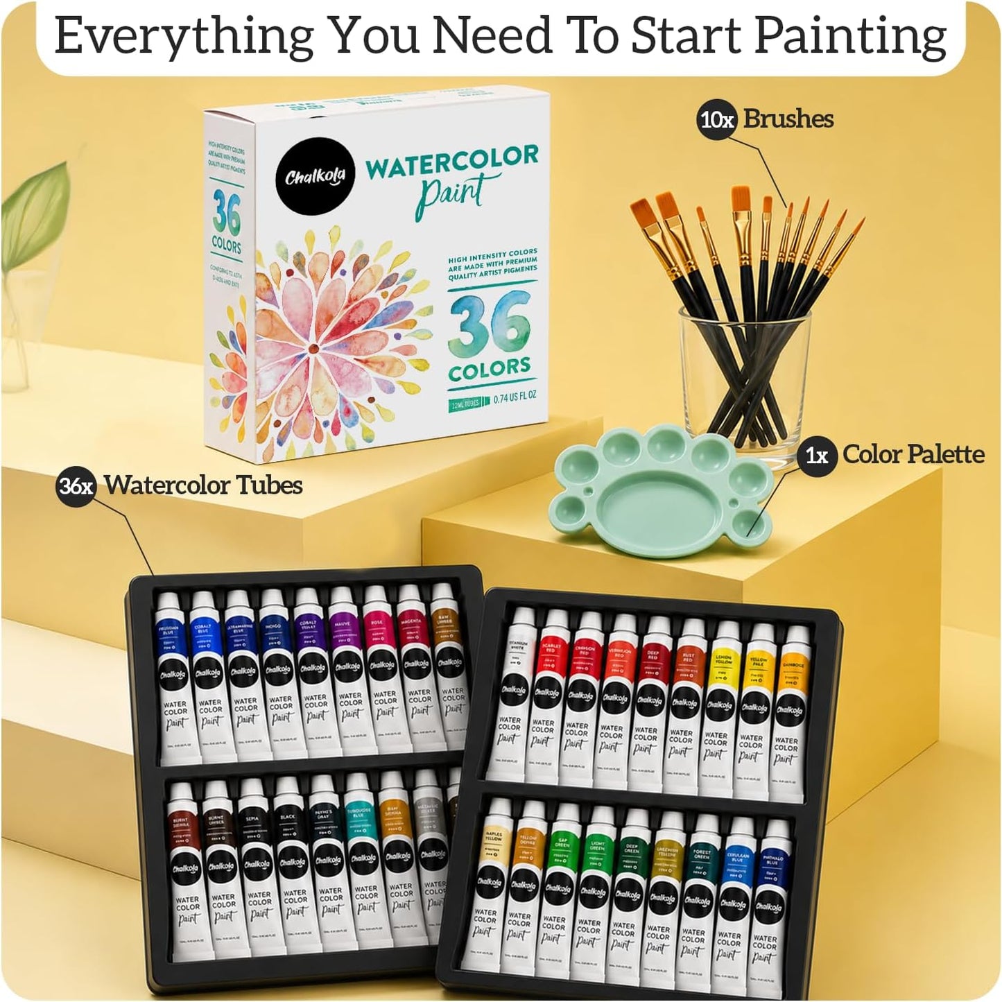 Chalkola 36 Watercolor Paint Set for Adults, Kids & Professional Artists | 36 Watercolor Paint Tubes (12ml, 0.4oz), 10 Painting Brushes & 1 Palette - Vibrant Water Color Art Painting Supplies