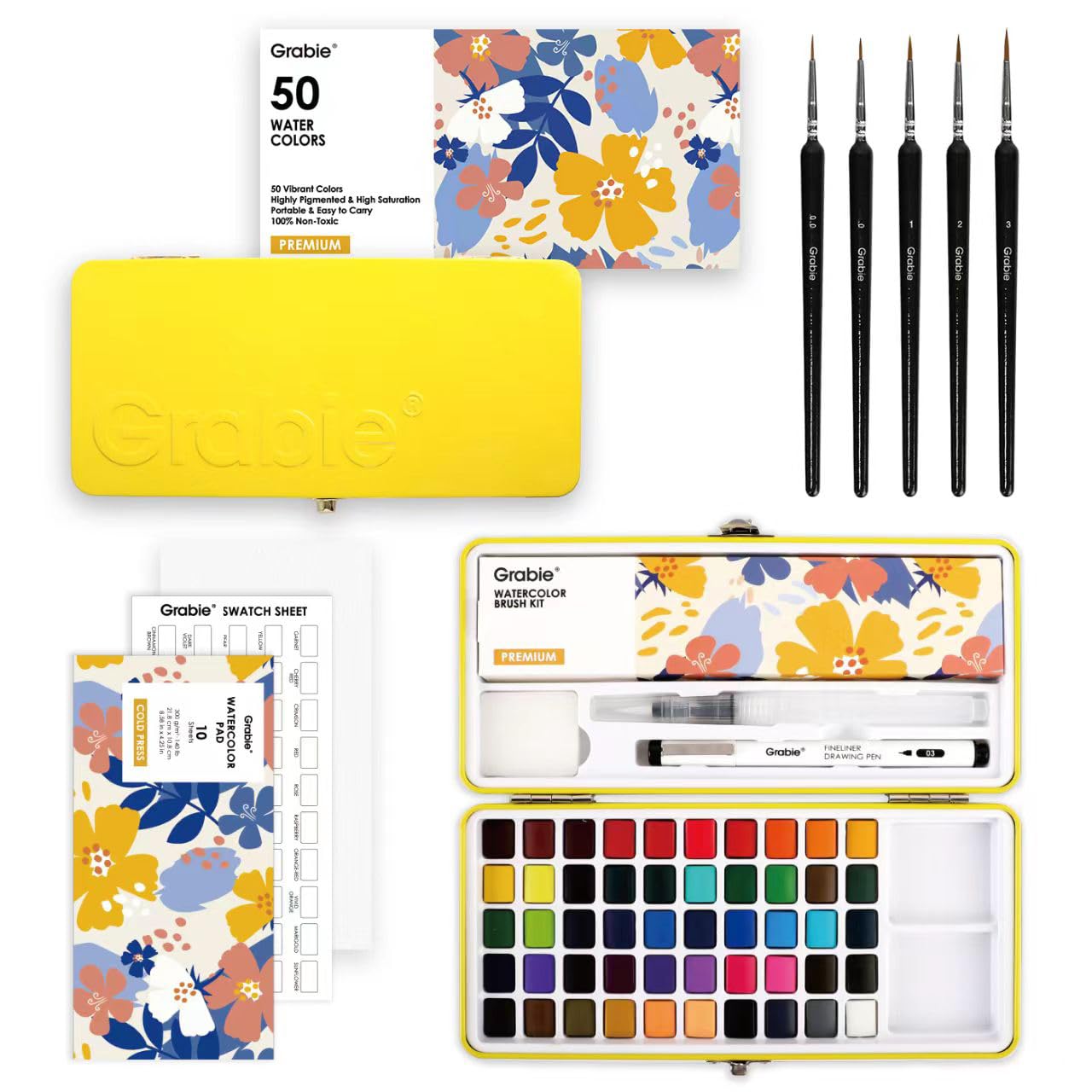 Grabie 50 Color Watercolor Paint Set with Detail Paint Brushes | High Pigment Paints, Blendable Colors, Portable Travel Case, Painting, Sketching, Illustration, Beginner And Hobby Artists
