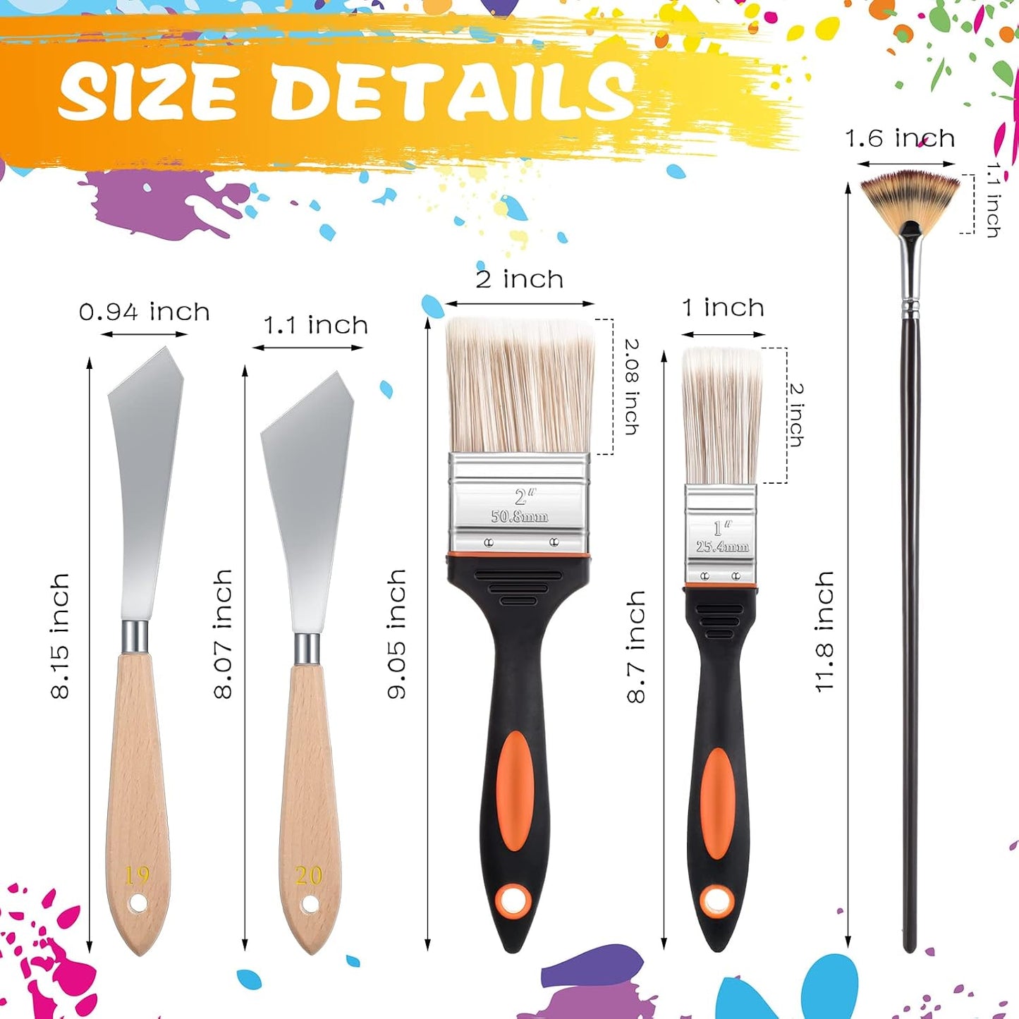CHENGU 5 Piece Paint Knives Palette Knife Set with Fan Brush for Oil Canvas | Stainless Steel Blades, 2 in and 1 in Knives, Background Blender, Mixing Spatula, Painting Starter Kit