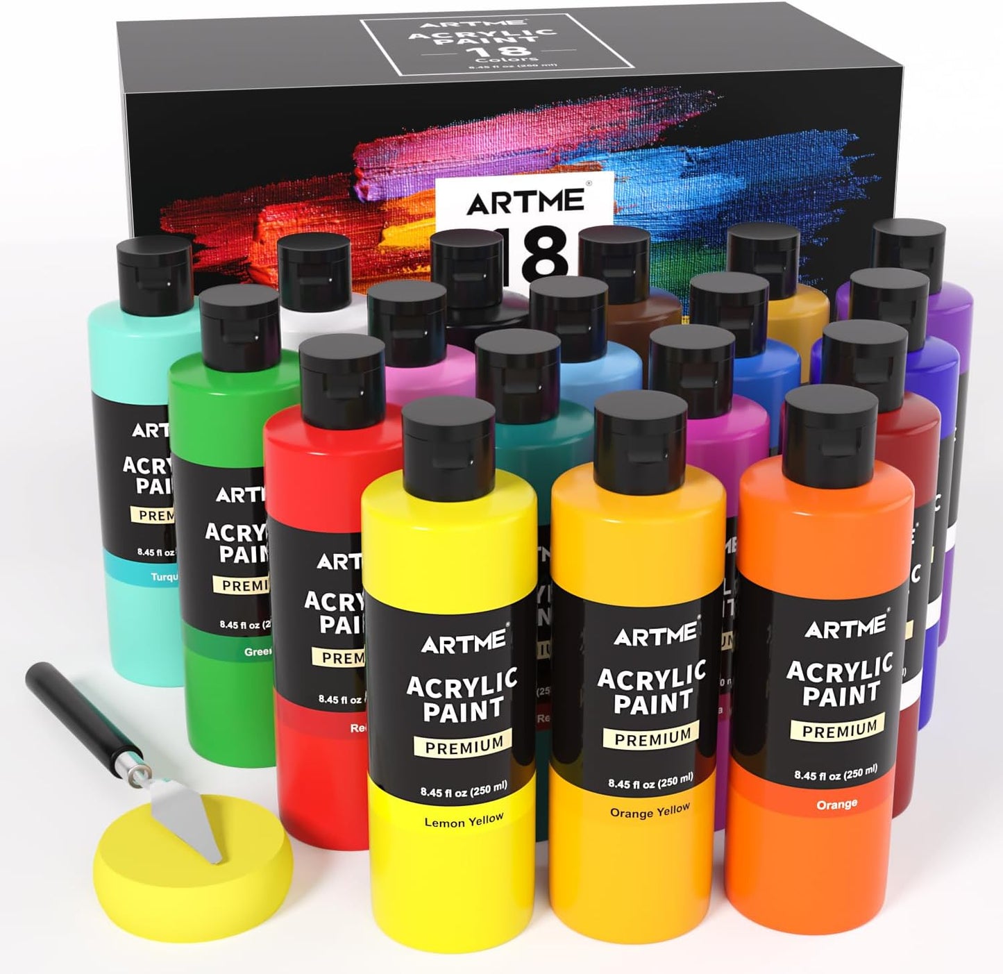 Artme 18 Colors Acrylic Paint Set, 8.45oz/250 ml Large Bulk Acrylic Paint, Rich Pigment Art Painting Supplies for Artists and Beginners Painting on Canvas Wood Rocks Crafts Ceramic