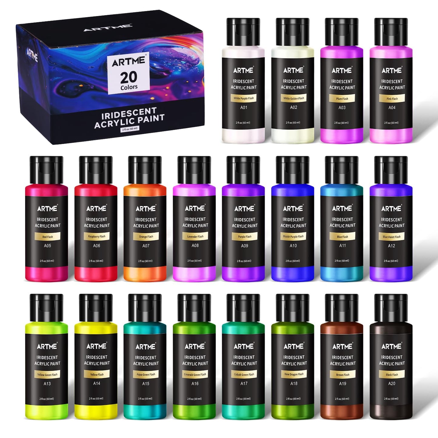 Artme Iridescent Acrylic Paint Set, 20 Chameleon Colors in 2 oz/60ml Bottles, Color-shifting Acrylic Paint Perfect for Artists, Beginners on Canvas, Rocks, Wood, Fabric, Ceramic