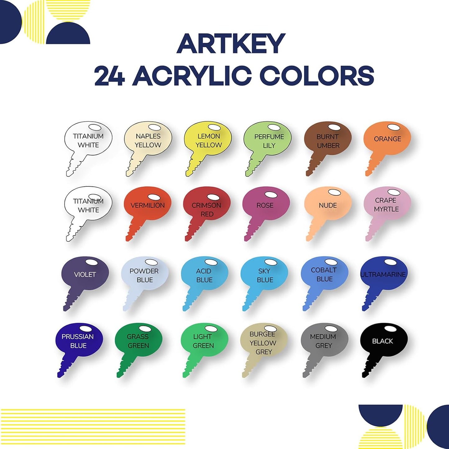 Artkey Acrylic Paint Set, 24 Colors 2 oz/59 ml Acrylic Paint Kit for Professional Artists & Beginners – Craft & Art Supplies for Canvas, Wood, Fabric, Rock, Leather, Ceramic, Glass, Easter Egg