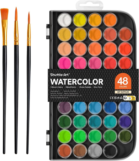 Shuttle Art Watercolor Paint Set, 48 Colors Watercolor Paint Pan Set with 3 Paint Brushes for Beginners, Artists, Kids & Adults for Painting, Journaling, Calligraphy Practice