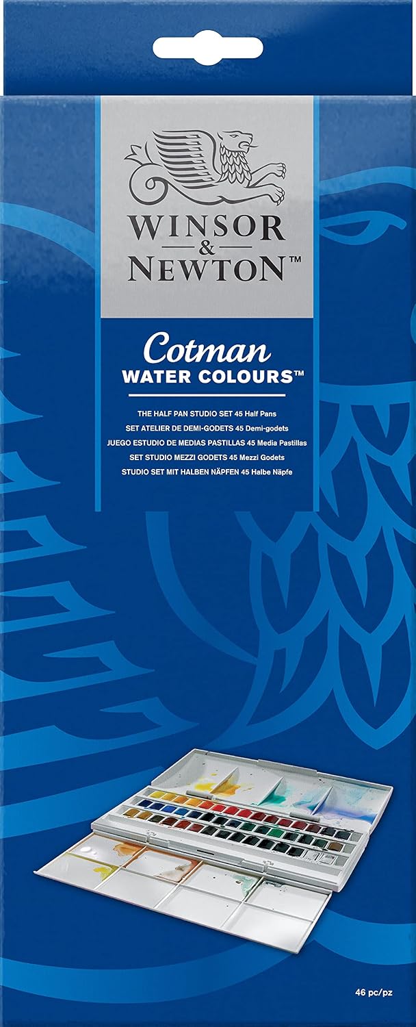 Winsor & Newton Cotman Watercolor Paint Set, Studio Set, 45 Half Pan w/ Brush