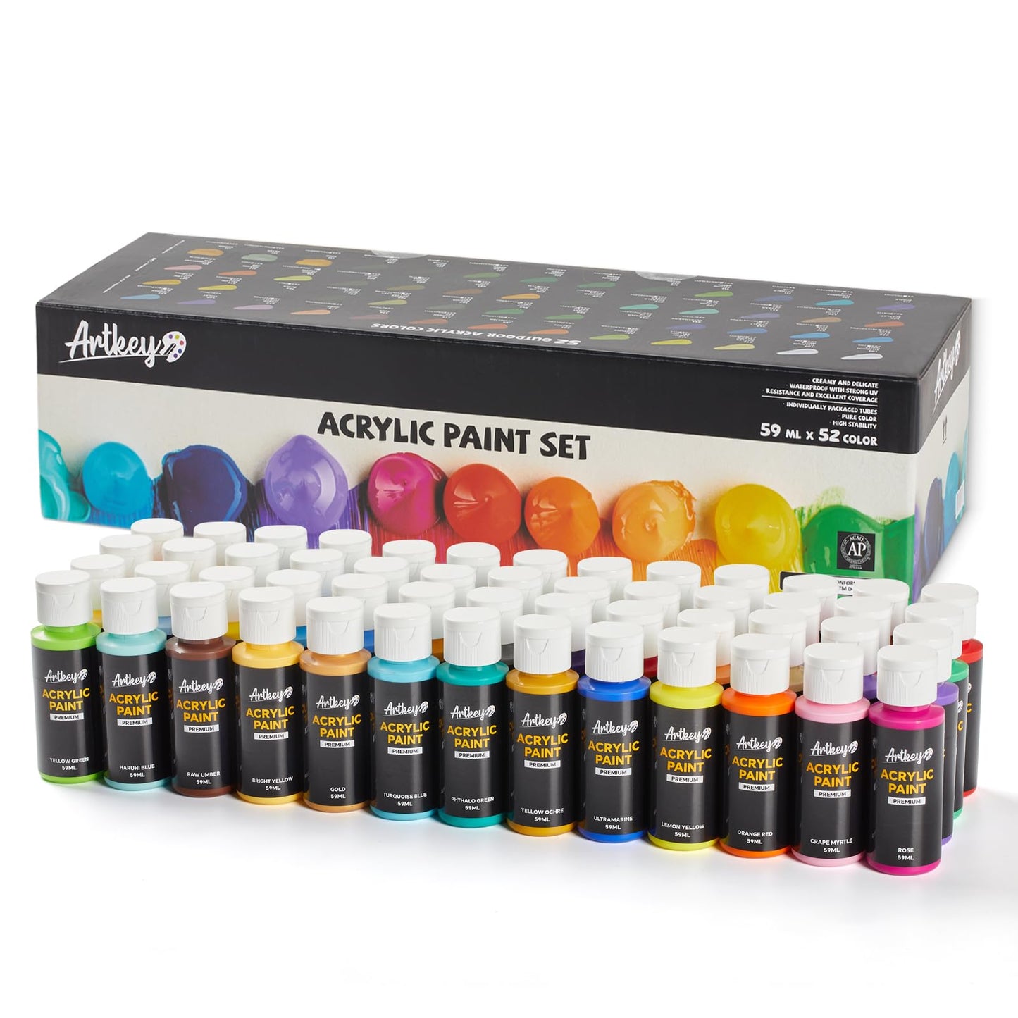 Artkey Acrylic Paint Set, 24 Colors 2 oz/59 ml Acrylic Paint Kit for Professional Artists & Beginners – Craft & Art Supplies for Canvas, Wood, Fabric, Rock, Leather, Ceramic, Glass, Easter Egg