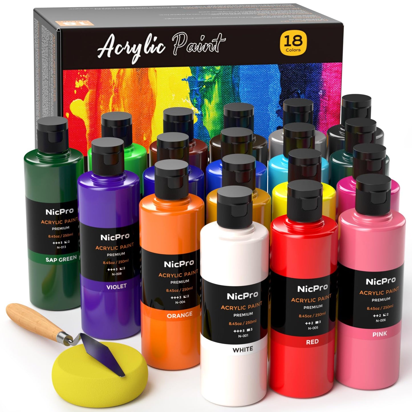Nicpro 14 Colors Large Bulk Acrylic Paint Set for Artist (16.9 oz, 500 ml) | Rich Art Painting Supplies, Non Toxic for Multi Surface Craft Rock Canvas Wood Ceramic Leather Fabric, for Adult Beginners