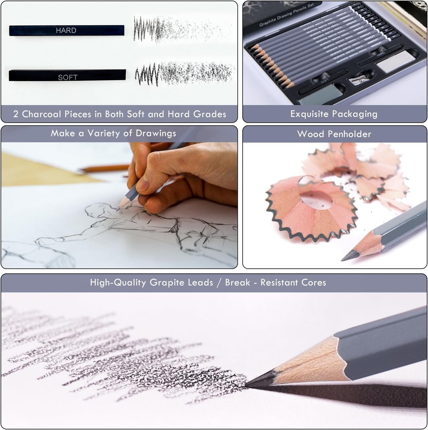 HNIHUY Professional Sketch Pencils Set, 17 Pcs, Graphite Pencils (8B-4H), Erasers and Sharpener, Art Drawing Pencil for Artists Beginner Sketching