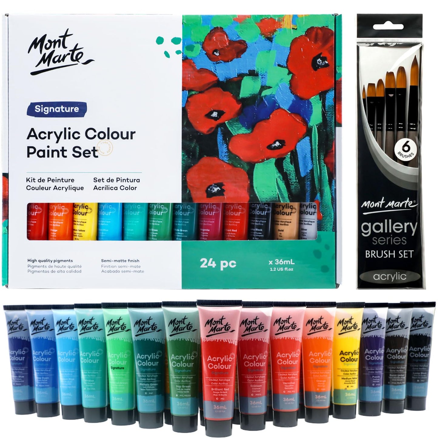 Mont Marte Acrylic Colour Paint Set Signature 24pc x 1.21 US fl.oz (36ml), Acrylic Paint Kit Ideal for Canvas, Wood, Air Dried Clay, Cardboard and More, Great Beginner Acrylic Paint Set, Includes 24 Colors
