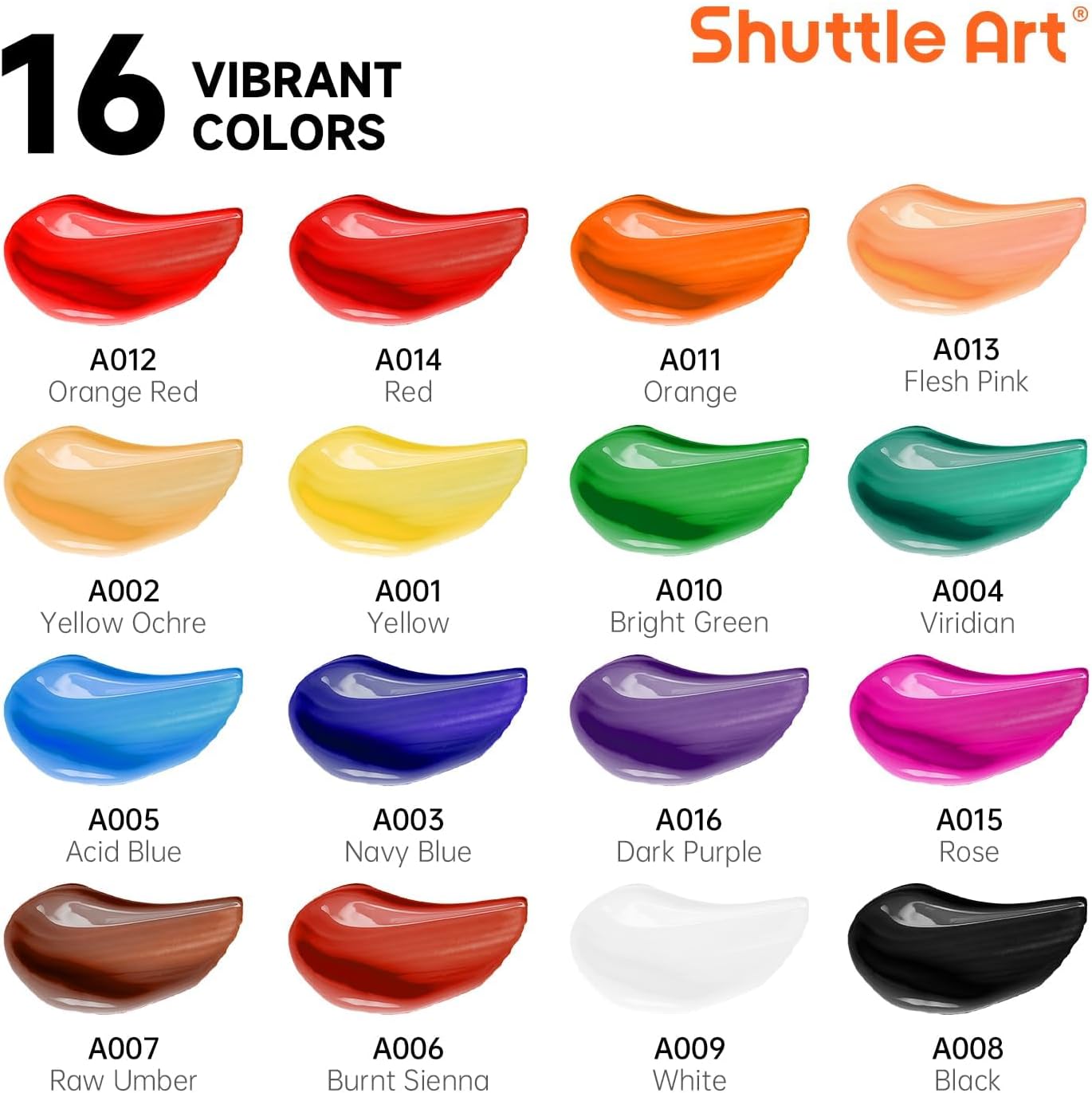 Shuttle Art Acrylic Paint Set, 16 x12ml Tubes Artist Quality Non Toxic Rich Pigments Colors Great for Kids Adults Professional Painting on Canvas Wood Clay Fabric Ceramic Crafts