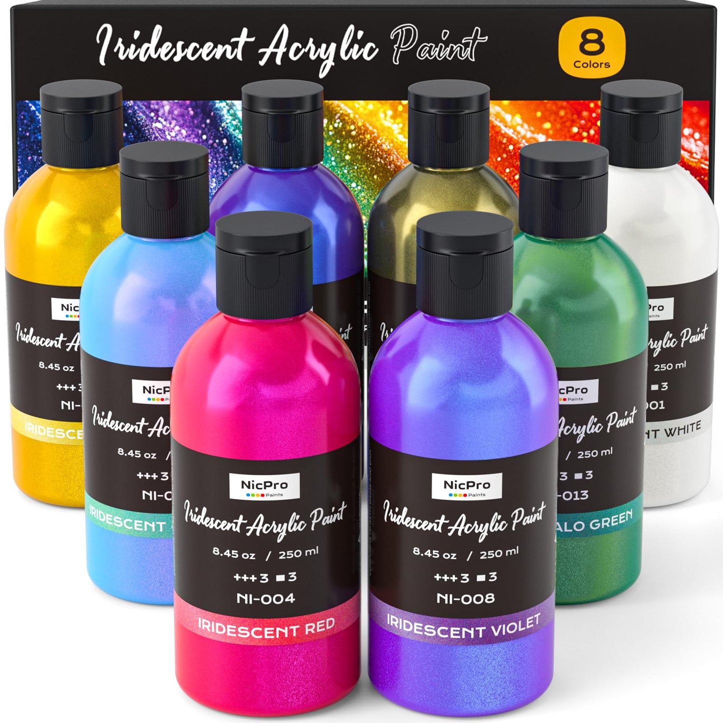 Nicpro 20 Colors Iridescent Acrylic Paint,8.45oz Large Bulk Metallic Paint | Color Shifting Craft Paint, Non-Toxic Art Painting Supplies, For Canvas Fabric Rock Wood with Paint Knife Color Wheel