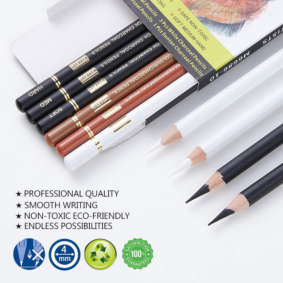 MARKART 10 Pack Professional Charcoal Pencils for Drawing | Black & White Charcoal Pencils for Sketching, Shading, Blending, Portrait, Pastel Chalk Pencils for Beginners & Artists