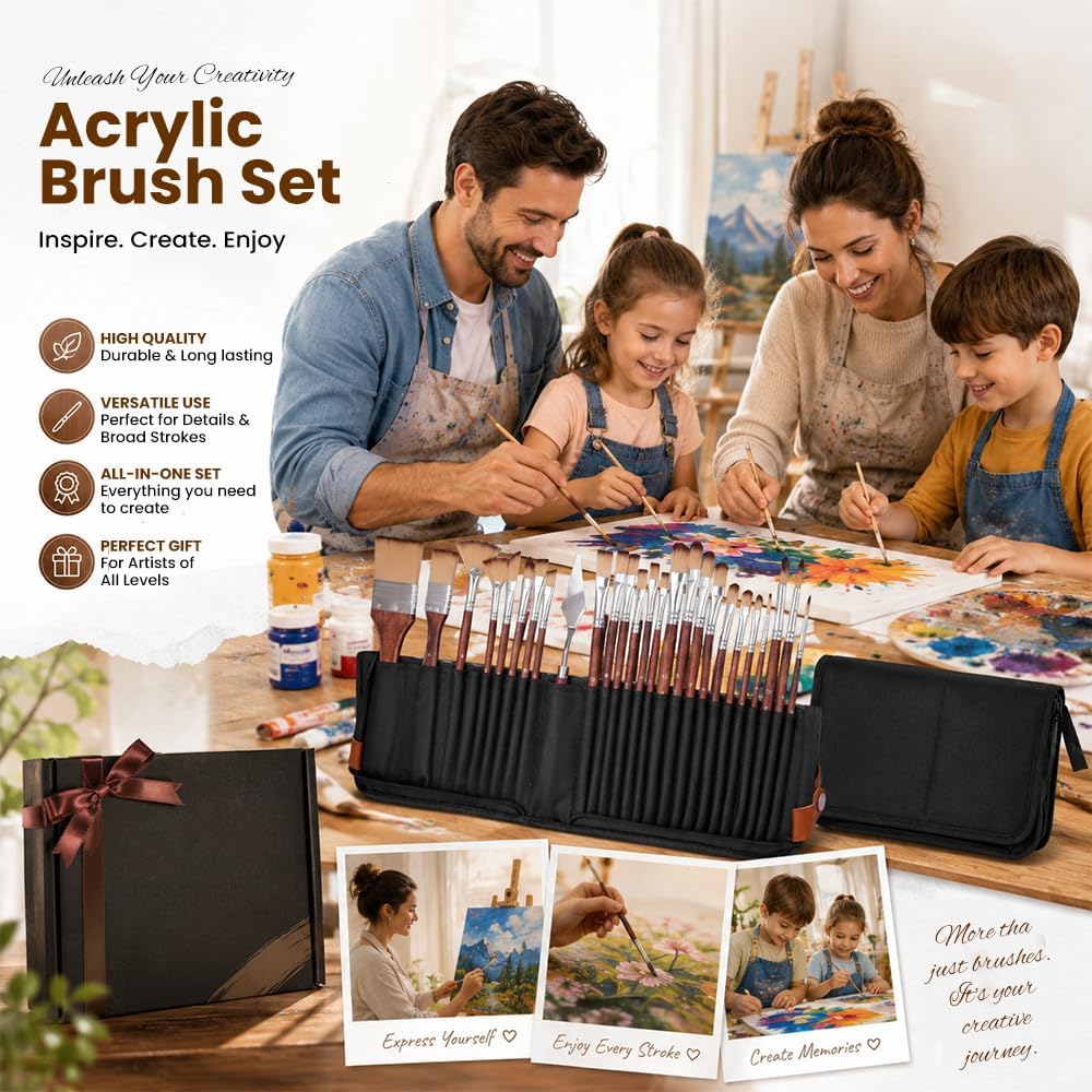 Simpson Sellers 26PCS Paint Brush Set with Palette Knife, Professional Acrylic Oil Watercolor Painting Kit, Flat Filbert Fan Round Detail Tools, Travel Canvas Case for Artists,Face Painting
