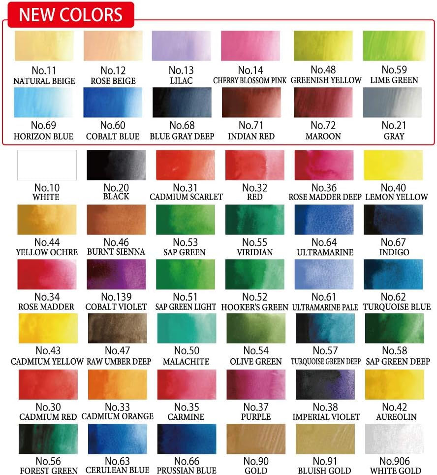 Kuretake Gansai Tambi Watercolor Paint Set, 48 Colors, Made in Japan | 48 vivid opaque colors, non-granulating pigment, large pans, palette & color chart, Professional Use, Artist Grade