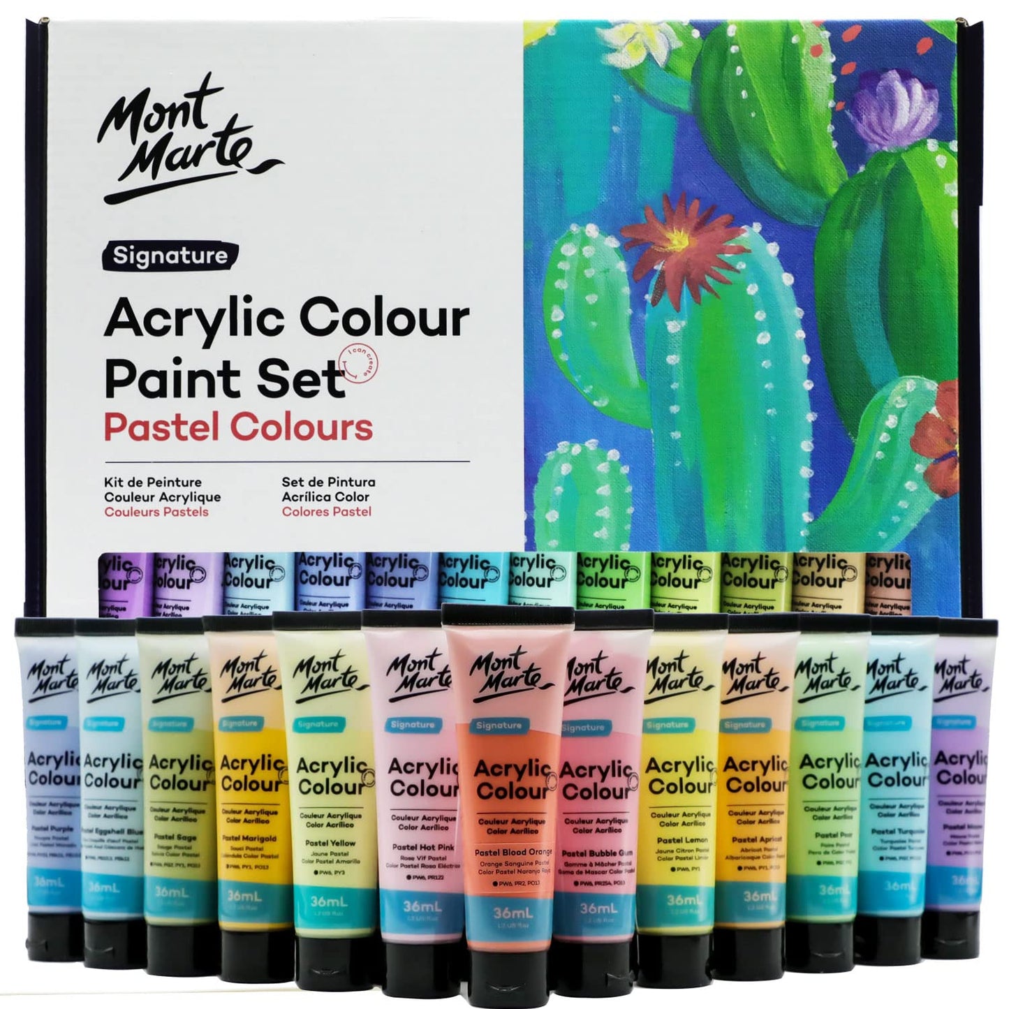 Mont Marte Acrylic Colour Paint Set Signature 24pc x 1.21 US fl.oz (36ml), Acrylic Paint Kit Ideal for Canvas, Wood, Air Dried Clay, Cardboard and More, Great Beginner Acrylic Paint Set, Includes 24 Colors