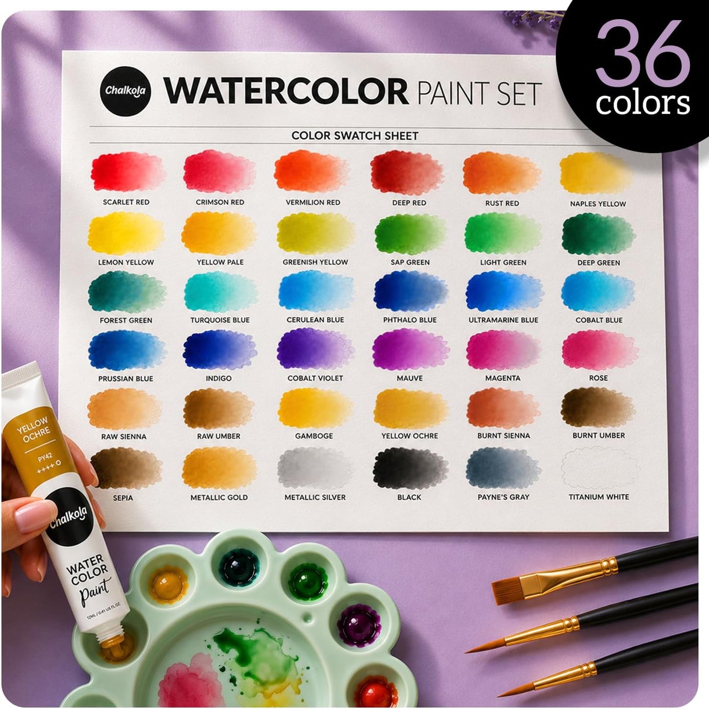 Chalkola 36 Watercolor Paint Set for Adults, Kids & Professional Artists | 36 Watercolor Paint Tubes (12ml, 0.4oz), 10 Painting Brushes & 1 Palette - Vibrant Water Color Art Painting Supplies