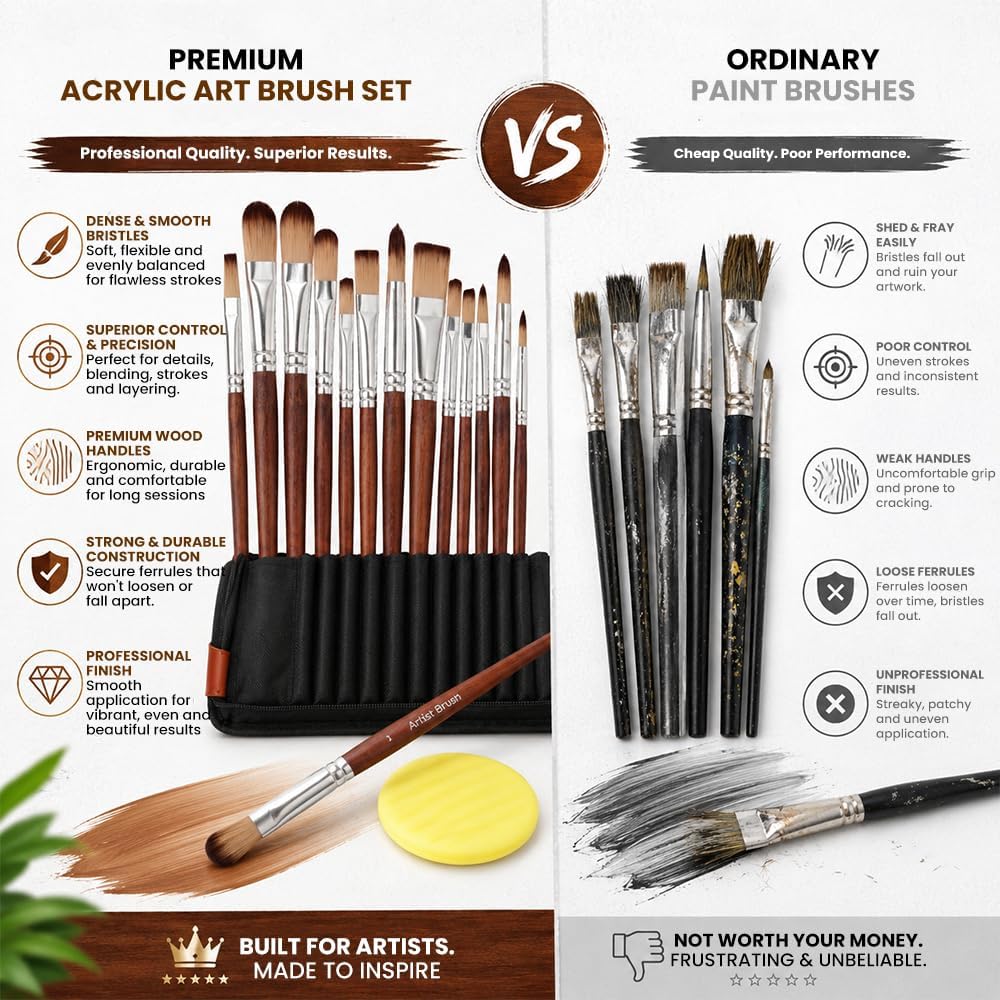 Simpson Sellers 26PCS Paint Brush Set with Palette Knife, Professional Acrylic Oil Watercolor Painting Kit, Flat Filbert Fan Round Detail Tools, Travel Canvas Case for Artists,Face Painting