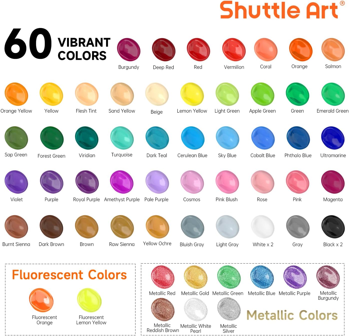 72 Pack Acrylic Paint Set, Shuttle Art 60 Colors Acrylic Paint Including Extra White Black & 12 Brushes, 2oz/60ml, Rich Pigmented, Water Proof, Ideal for Artists, Beginners on Canvas Rock Wood Ceramic
