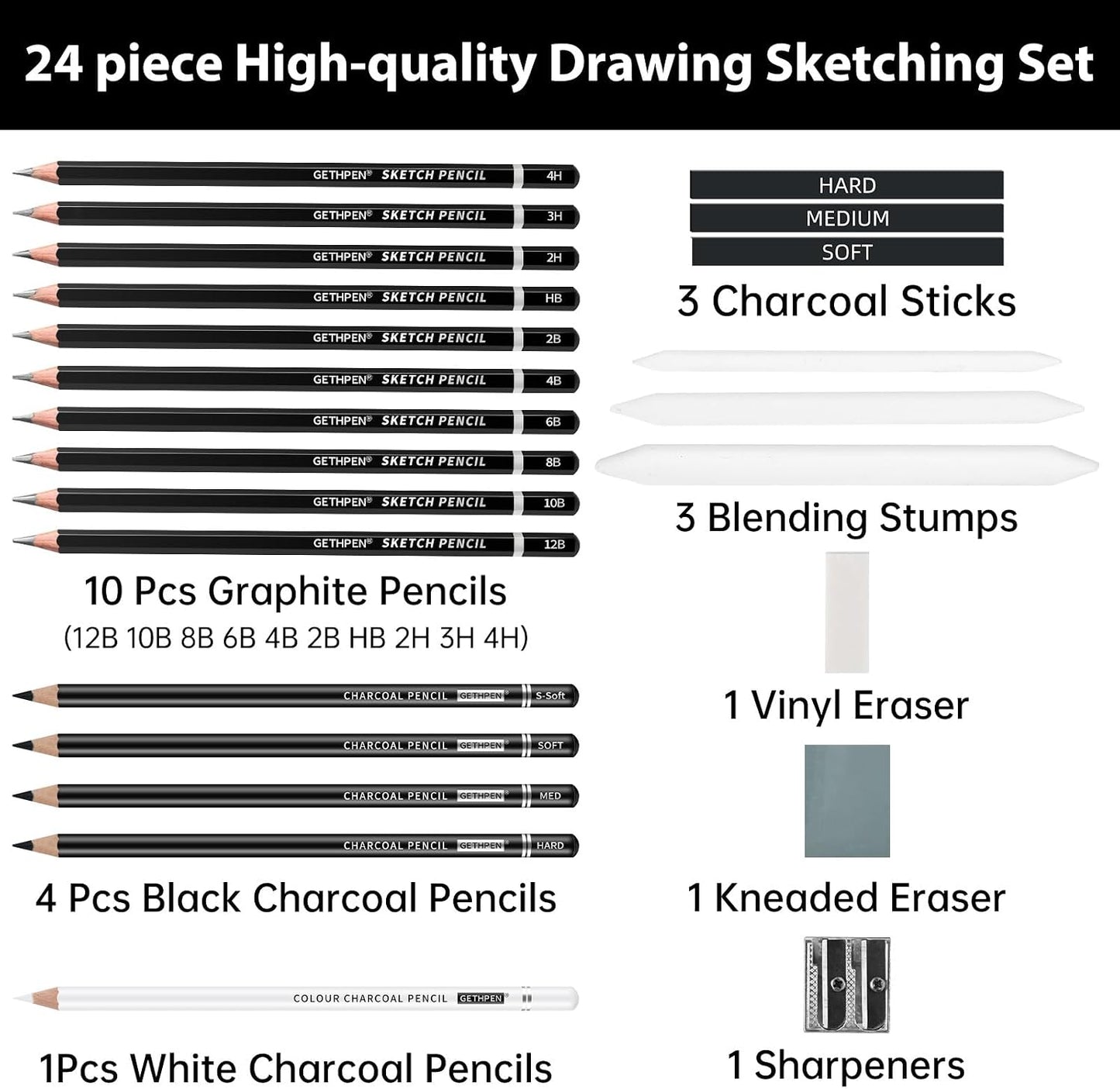 GETHPEN Drawing Sketching Pencil Set,Graphite 12B-4H Charcoal Pencils,24Pcs | Sketch Drawing Kit, Black and White Charcoal Pencils,Stumps,Eraser,Sharpeners, Sketching, Shading, Artist Charcoal Supplies