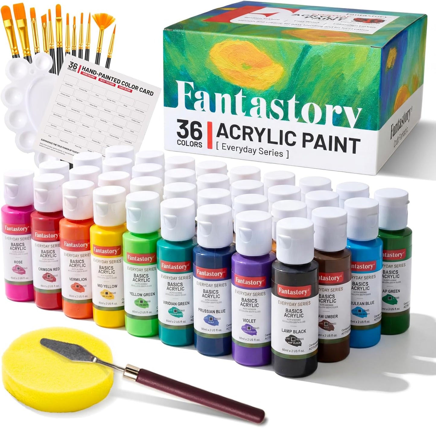 Fantastory 60ml 36 Colors Acrylic Paint Set with 12 Brushes | with 12 Brushes, Chart, Palette, Scraper, Sponge - 3 Metallic, Non-Toxic, Waterproof for Wood, Rock, Canvas, Clay, DIY, 3D
