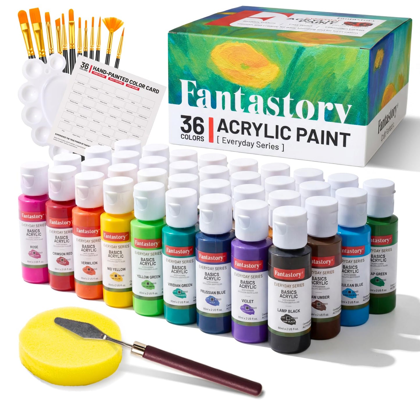 Fantastory 60ml 36 Colors Acrylic Paint Set with 12 Brushes | with 12 Brushes, Chart, Palette, Scraper, Sponge - 3 Metallic, Non-Toxic, Waterproof for Wood, Rock, Canvas, Clay, DIY, 3D