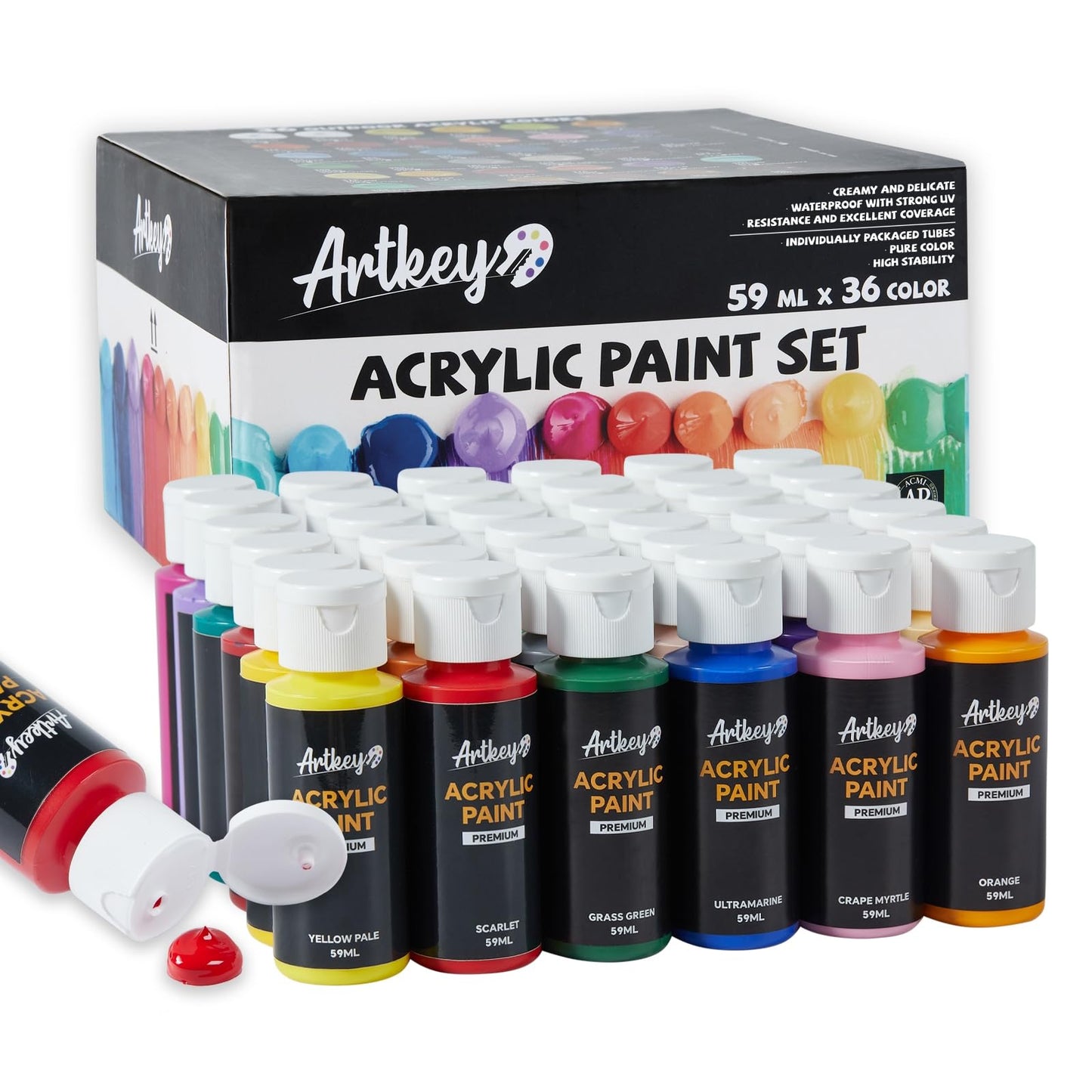 Artkey Acrylic Paint Set, 24 Colors 2 oz/59 ml Acrylic Paint Kit for Professional Artists & Beginners – Craft & Art Supplies for Canvas, Wood, Fabric, Rock, Leather, Ceramic, Glass, Easter Egg