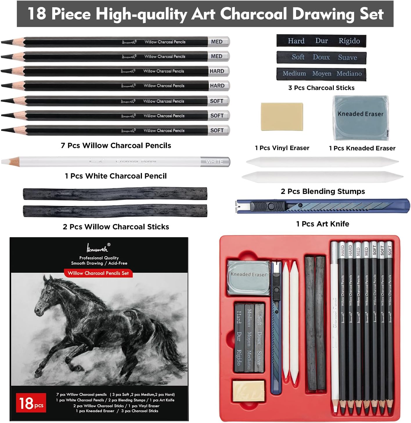 Brusarth 18 Pcs Charcoal Pencils Art Kit for Drawing, Sketching | Art Sketching Pencil Supplies for Drawing, Shading, Sketching, Blending, Artist Pencils for Beginners & Artists