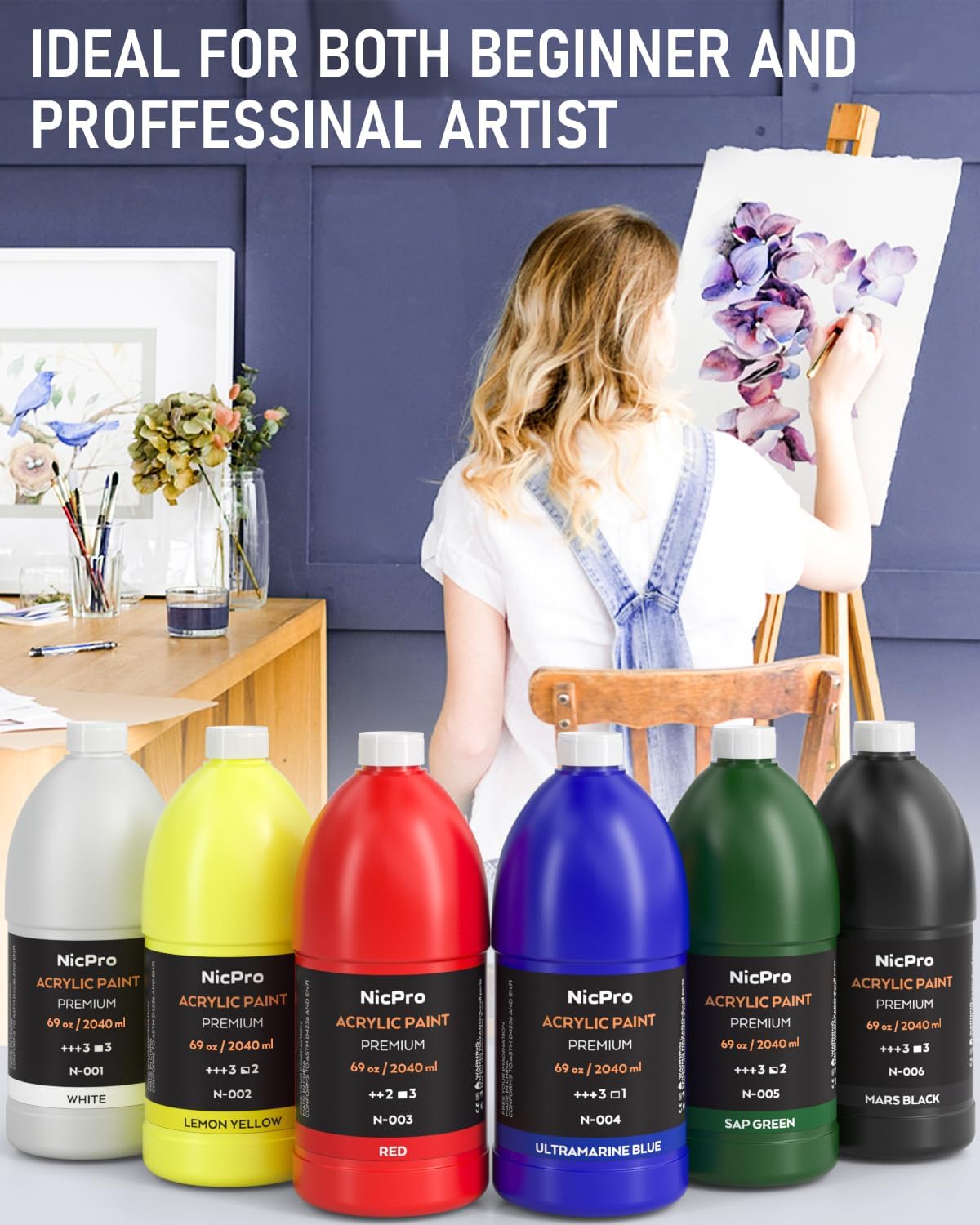 Nicpro 6 Colors Bulk Acrylic Paint Set, 69oz/2040ml Art Painting Supplies | Large Non Toxic Rich Paints Set for Multi Surface, Canvas, Wood, Stone Craft, for Adult Stuents with Pump, Color wheel