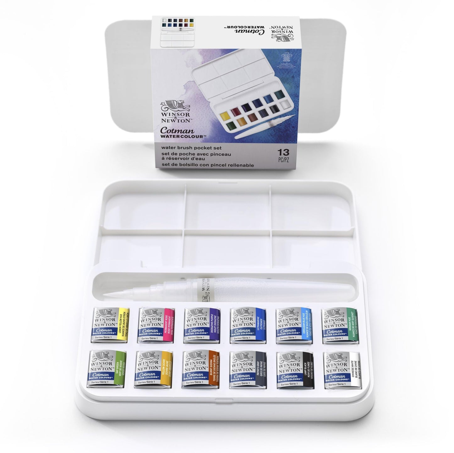 Winsor & Newton Cotman Watercolor Paint Set, Field Pocket Set, 12 Half Pan w/ Brush, Sponge, Bottle