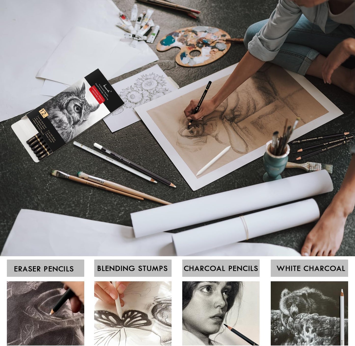 Brusarth Charcoal Drawing Set -12 pc Black charcoal pencils, White Charcoal Pencils, Eraser Pencils, Blending Stumps for Drawing, Sketching, Shading, Artist Pencils for Beginners & Artists