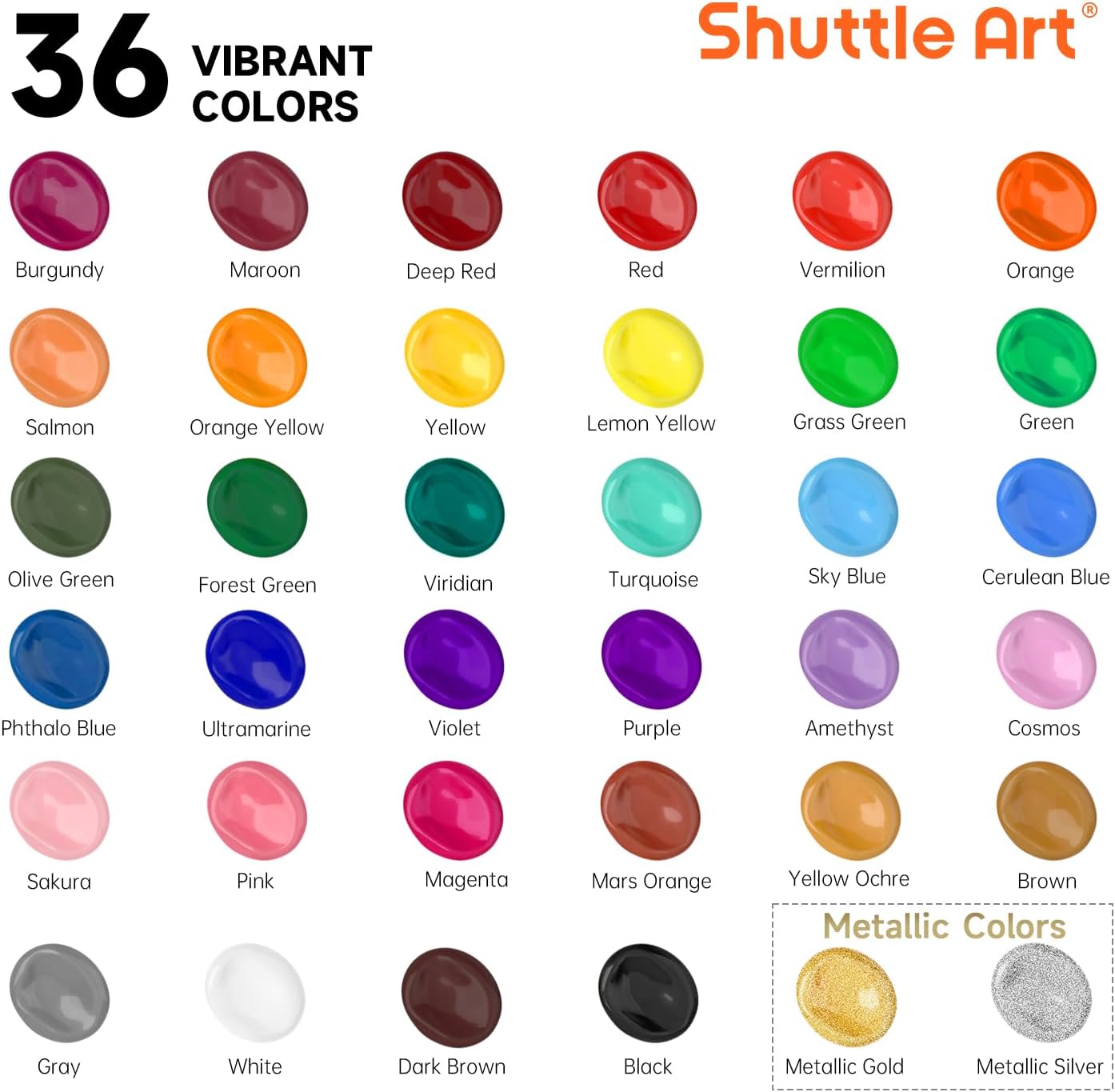 Shuttle Art Acrylic Paint, 36 Colors Acrylic Paint Set with Brushes & Palette, 2oz/60ml Bottles, Rich Pigments Non-toxic for Artists Kids & Adults, Painting on Canvas Rocks Ceramic Wood