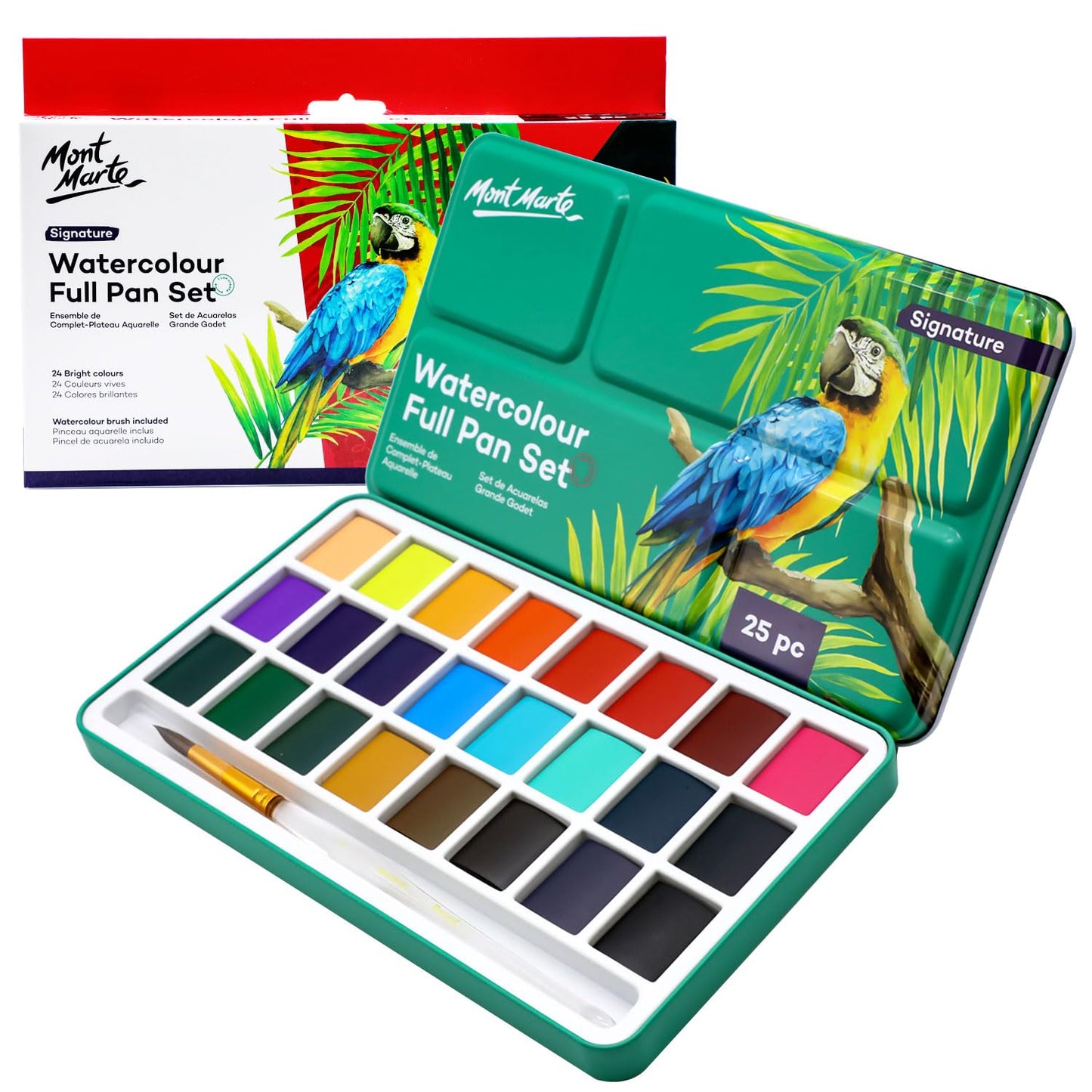 Mont Marte Watercolor Set Full Pan Signature 13pc in Tin, Vibrant, Multi-Color with Translucent Finish, Portable Watercolor Set