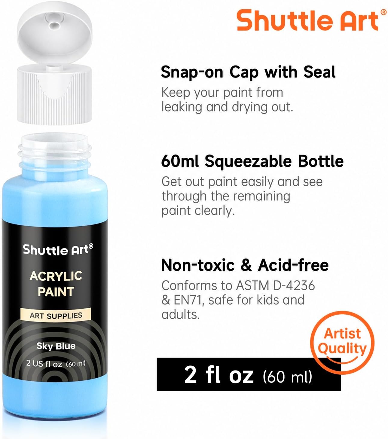 Shuttle Art Acrylic Paint, 50 Colors Acrylic Paint Set, 2oz/60ml Bottles, Rich Pigments, Water Proof, Premium for Artists, Beginners and Kids on Canvas Rocks Wood Ceramic Fabric