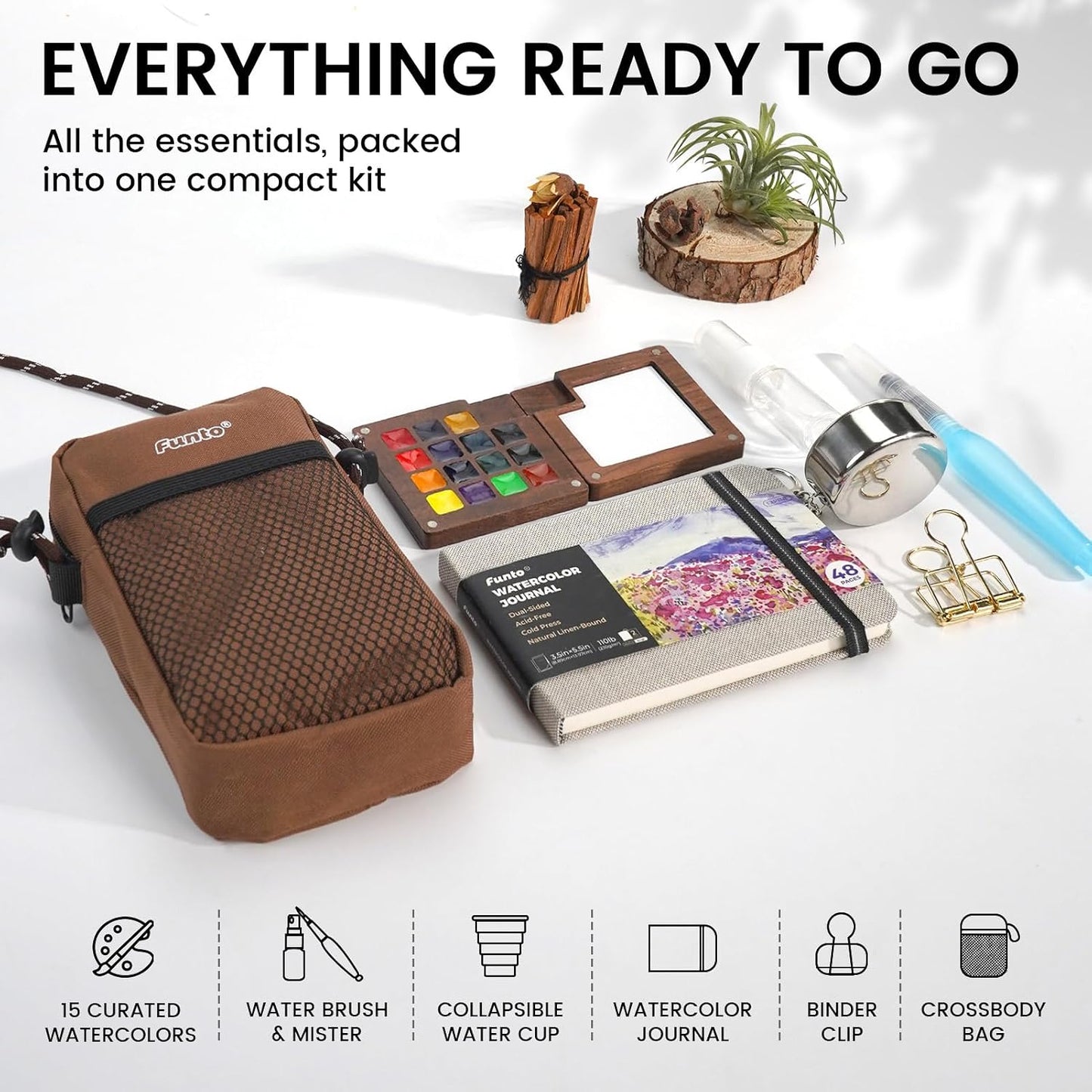 Funto Mini Watercolor Paint Set, All-in-One Walnut Wood 15-Color Premium Pocket Travel Paint Kit, with Crossbody Bag,Watercolor Journal, Metal Clip, Paint Water Cup, Water Brush Ideal for Art Lovers